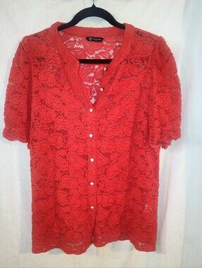 Pretty Red Lace Button-Front Blouse